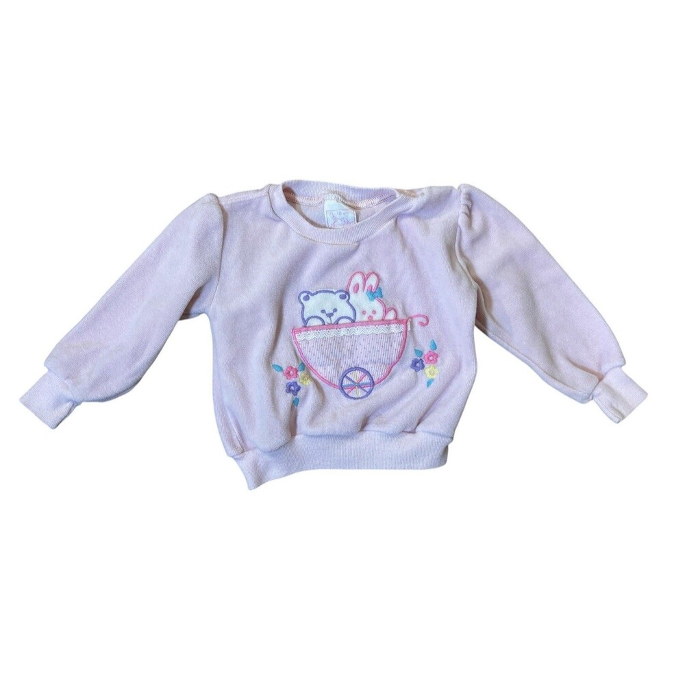Vintage Velour Baby Sweatshirt 18M Bear Bunny Appliqué Pink USA Made Crew